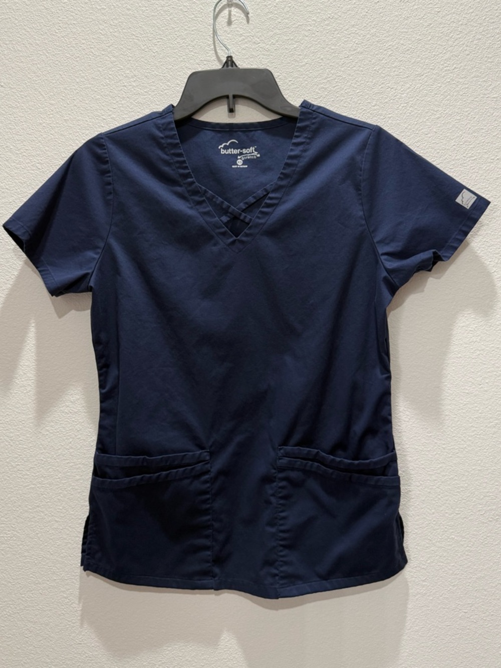 Butter-Soft STRETCH 4-Pocket Crisscross Scrub Top XS Navy